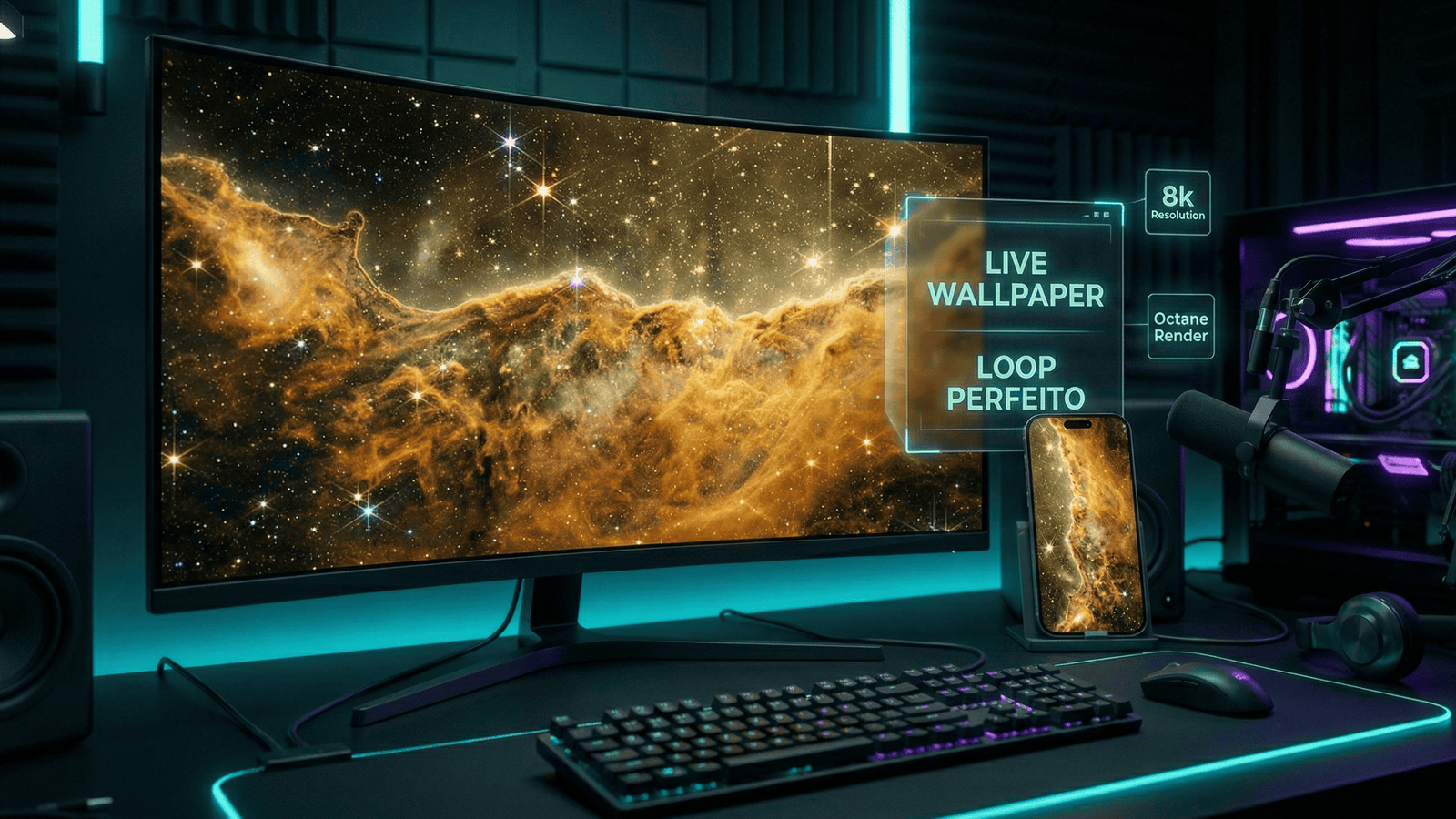 Setup gamer com Live Wallpaper futurista gerado por IA